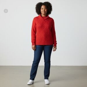 Lands' End Women Sweater Red Diamond Knit Folded Split Collar 100% Cotton Size L